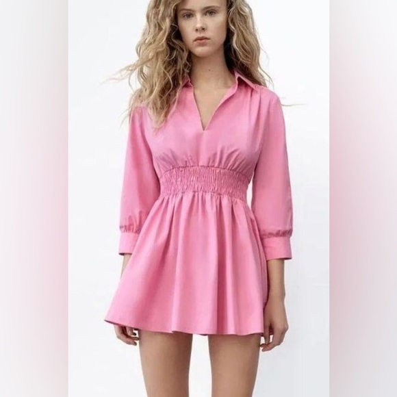 🔥🔥🔥NEW Zara Pink Waisted Cotton Dress - Picture 2 of 15